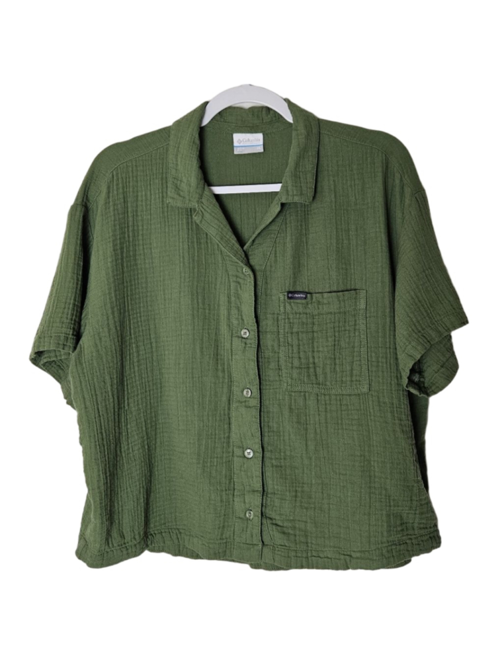 Columbia Cotton Gauze Green Short Sleeve Button Down Shirt XL Boxy Gorpcore